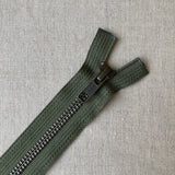 YKK Antique Brass Jacket Zipper: Army Green - Various Sizes