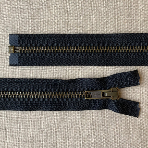 YKK Antique Brass Jacket Zipper: Black - Various Sizes